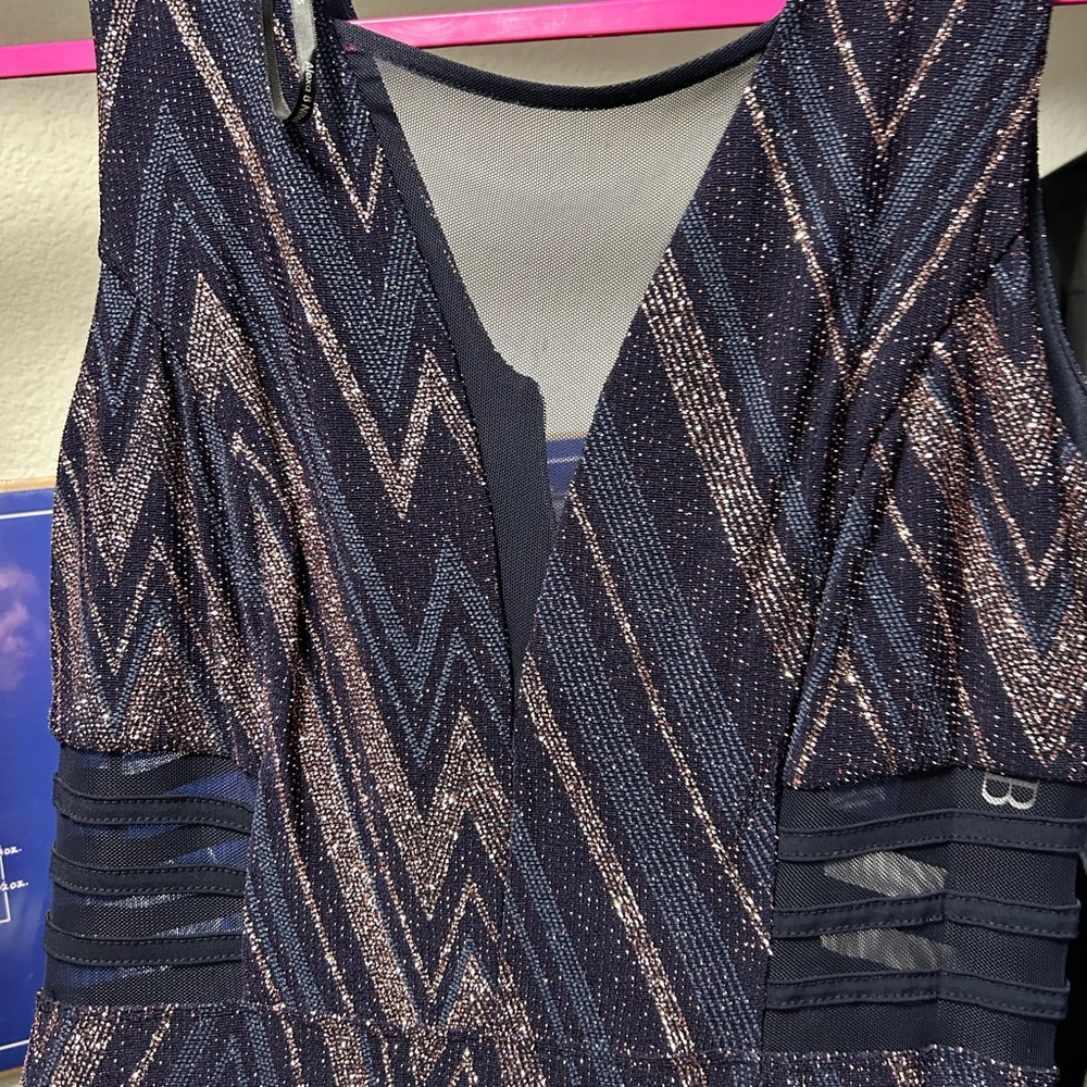 Sparkle Chevron Navy and Rose Gold V-Neck Evening Dress